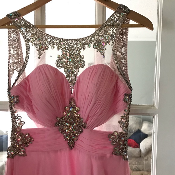 Pink chiffon open back crystal prom dress - Picture 3 of 8